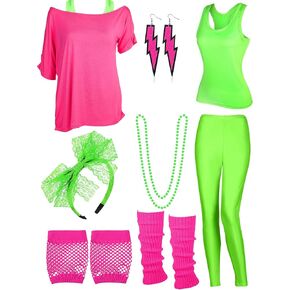 8 Pcs Halloween 80s Outfit Women Costume Accessories Set Tee Racerback Legging Pants Anklet Gloves Earring Hairband