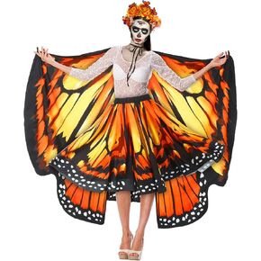 3 Pcs Butterfly Costume for Women Halloween Costume Day of The Dead Monarch Butterfly Skirt Wings Printing with Flower Butterfly Headpiece for Adult Halloween Orange Costume