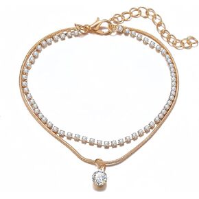 2Pcs 14k Gold Ankle Bracelets,Golden rhombus square Charms Anklets for Women,2 Layered Women’s Waterproof Anklet Bracelet,Cuban Link Herribone Anklets Set,Woman Dainty Gold Filled Beach Anklets Bracelets Jewelry for Women Gold Plated