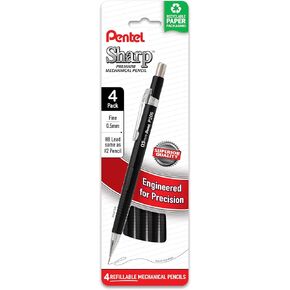 Pentel Sharp Mechanical Pencil, (0.5mm), Fine Line, Black Barrel, Pack of 4 (P205PF4A)