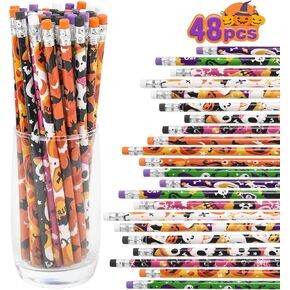 FINGOOO 48 Pieces Halloween Pencils for Kids,Assorted Bulk Halloween Pencils with Erasers in 12 Design No Candy Halloween Treats Halloween Party Favors Classroom Rewards