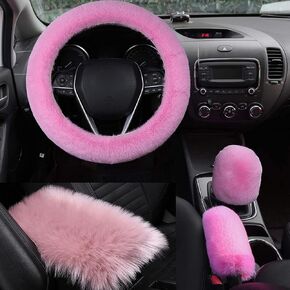 1 Set 4 Pcs Fluffy Steering Wheel Cover&Handbrake Cover&Gear Shift Cover&Fluffy Auto Center Console Cover Faux Wool Steering Wheel Covers for Women Universal Car Interior Accessories (Purple)