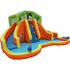 BANZAI Twin Falls Lagoon, Length: 16 ft 8 in, Width: 11 ft 10 in, Height: 8 ft 4 in, Inflatable Outdoor Backyard Water Slide Splash Toy, Orange