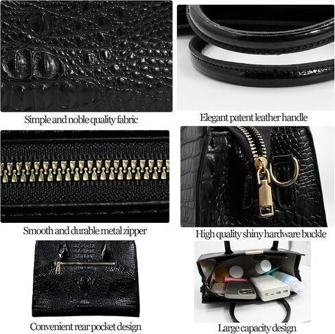 Tote Top-handle Handbags Patent PU Leather Women Purse Satchel Crocodile Pattern Shoulder Crossbody Bag 3 Pcs Set in Kuwait