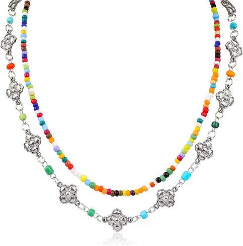 Y2k Flower Layered Bow-Knot Pearl Choker Necklace for Women, 14K Gold Plated Boho Imitation Pearl Bowknot Choker, Y2k Colorful Beaded Floral Choker Necklace, Christmas Valentine's Day Gift in Kuwait