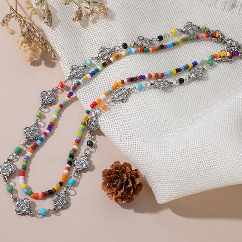 Y2k Flower Layered Bow-Knot Pearl Choker Necklace for Women, 14K Gold Plated Boho Imitation Pearl Bowknot Choker, Y2k Colorful Beaded Floral Choker Necklace, Christmas Valentine's Day Gift in Kuwait