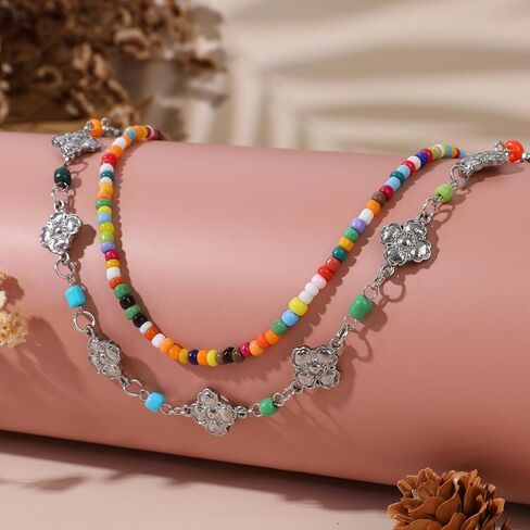 Y2k Flower Layered Bow-Knot Pearl Choker Necklace for Women, 14K Gold Plated Boho Imitation Pearl Bowknot Choker, Y2k Colorful Beaded Floral Choker Necklace, Christmas Valentine's Day Gift in Kuwait