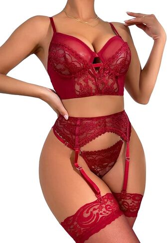 Lilosy Sexy Stocking Bow Floral Lace Mesh Sheer Underwire Lingerie Set Women Longline Bra Panty 3 Piece in Kuwait