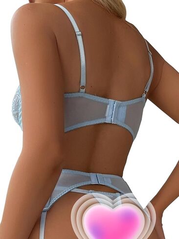 Lilosy Sexy Stocking Bow Floral Lace Mesh Sheer Underwire Lingerie Set Women Longline Bra Panty 3 Piece in Kuwait
