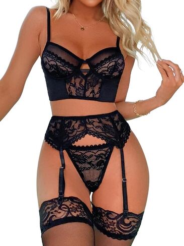 Lilosy مثير الجورب القوس الأزهار الدانتيل شبكة شير Underwire مجموعة الملابس الداخلية النساء الخطوط الطويلة البرازيلي اللباس الداخلي 3 قطعة in Kuwait