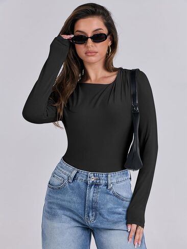 ANRABESS Womens Double Lined Long Sleeve Shirts Ruched Neck Tops Slim Fit Crop Tshirts Fall Tight Going Out Outfits in Saudi Arabia