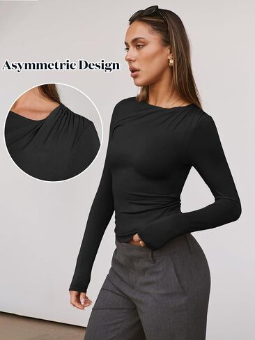 ANRABESS Womens Double Lined Long Sleeve Shirts Ruched Neck Tops Slim Fit Crop Tshirts Fall Tight Going Out Outfits in Saudi Arabia