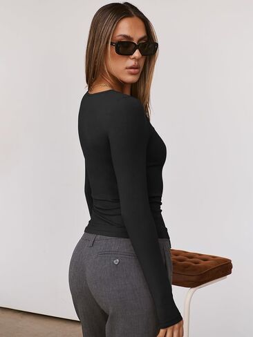 ANRABESS Womens Double Lined Long Sleeve Shirts Ruched Neck Tops Slim Fit Crop Tshirts Fall Tight Going Out Outfits in Saudi Arabia