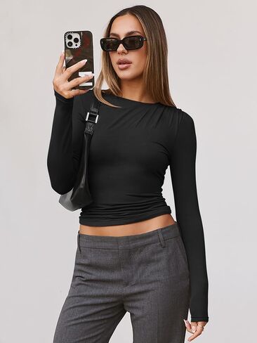 ANRABESS Womens Double Lined Long Sleeve Shirts Ruched Neck Tops Slim Fit Crop Tshirts Fall Tight Going Out Outfits in Saudi Arabia