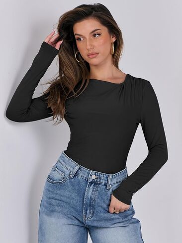 ANRABESS Womens Double Lined Long Sleeve Shirts Ruched Neck Tops Slim Fit Crop Tshirts Fall Tight Going Out Outfits in Saudi Arabia