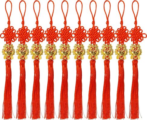 10PCS Red Chinese Tassel, Chinese Knot Fortune Tassel for Door and Car, Chinese Knot with Small Golden Dragon Pendant, Chinese Spring Festival New Year Decorations in Saudi Arabia
