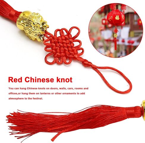 10PCS Red Chinese Tassel, Chinese Knot Fortune Tassel for Door and Car, Chinese Knot with Small Golden Dragon Pendant, Chinese Spring Festival New Year Decorations in Saudi Arabia