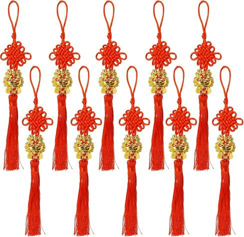 10PCS Red Chinese Tassel, Chinese Knot Fortune Tassel for Door and Car, Chinese Knot with Small Golden Dragon Pendant, Chinese Spring Festival New Year Decorations in Saudi Arabia