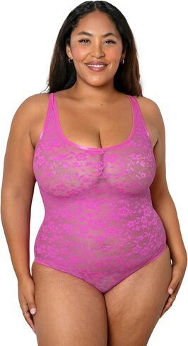 Curvy Couture Womens No Show Lace Semi Sheer Bodysuit in Kuwait