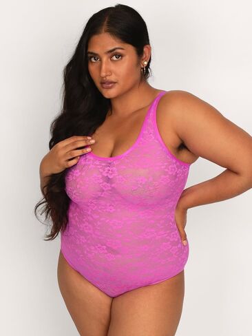 Curvy Couture Womens No Show Lace Semi Sheer Bodysuit in Kuwait