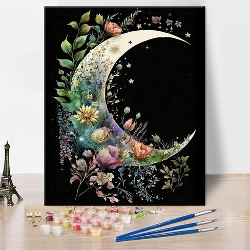 Adult Paint by Number Kits Moon, Crescent Moon Paint by Numbers DIY Paint by Numbers Kit for Adults, Moon Flower Paint by Number on Canvas Acrylic Paint for Home Decor 16x20 inch Without Frame in Saudi Arabia