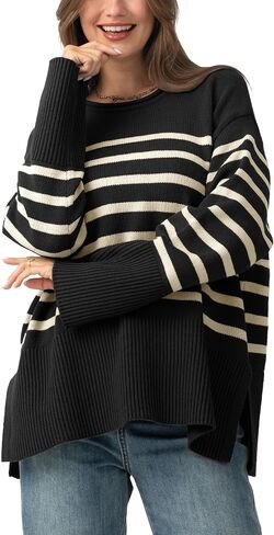 Women's Oversized Striped Sweaters Trendy Fall Pullover Long Sleeve Shirts Crew Neck Knit Jumper Tops 2024 in Saudi Arabia