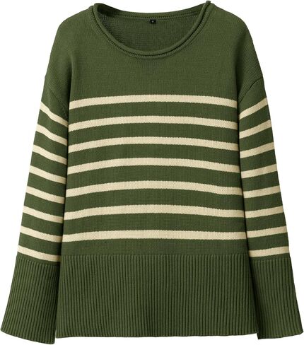 Women's Oversized Striped Sweaters Trendy Fall Pullover Long Sleeve Shirts Crew Neck Knit Jumper Tops 2024 in Saudi Arabia