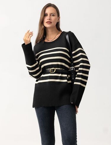 Women's Oversized Striped Sweaters Trendy Fall Pullover Long Sleeve Shirts Crew Neck Knit Jumper Tops 2024 in Saudi Arabia