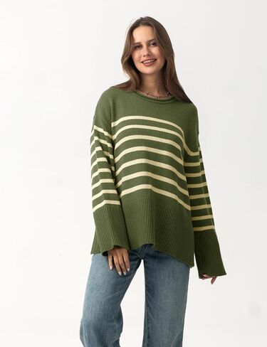 Women's Oversized Striped Sweaters Trendy Fall Pullover Long Sleeve Shirts Crew Neck Knit Jumper Tops 2024 in Saudi Arabia