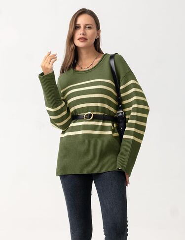 Women's Oversized Striped Sweaters Trendy Fall Pullover Long Sleeve Shirts Crew Neck Knit Jumper Tops 2024 in Saudi Arabia