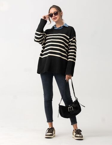 Women's Oversized Striped Sweaters Trendy Fall Pullover Long Sleeve Shirts Crew Neck Knit Jumper Tops 2024 in Saudi Arabia