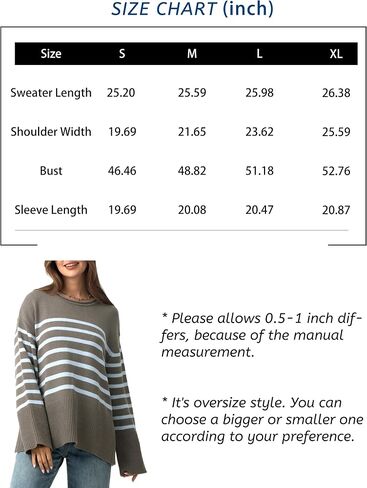 Women's Oversized Striped Sweaters Trendy Fall Pullover Long Sleeve Shirts Crew Neck Knit Jumper Tops 2024 in Saudi Arabia