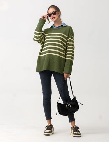 Women's Oversized Striped Sweaters Trendy Fall Pullover Long Sleeve Shirts Crew Neck Knit Jumper Tops 2024 in Saudi Arabia