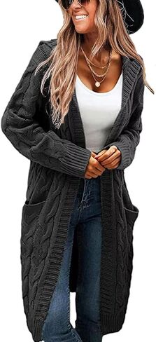 Women's Hooded Open Front Long Cardigan Cable Knit Sweaters Side Pocket Oversized Chunky Cardigan Outwear Coat in Kuwait