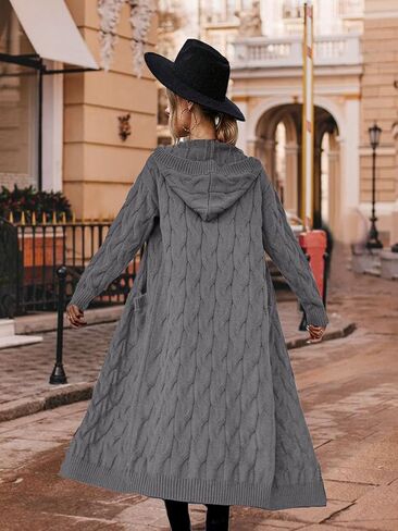 Women's Hooded Open Front Long Cardigan Cable Knit Sweaters Side Pocket Oversized Chunky Cardigan Outwear Coat in Kuwait