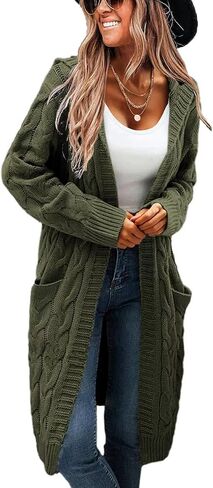 Women's Hooded Open Front Long Cardigan Cable Knit Sweaters Side Pocket Oversized Chunky Cardigan Outwear Coat in Kuwait