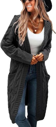 Women's Hooded Open Front Long Cardigan Cable Knit Sweaters Side Pocket Oversized Chunky Cardigan Outwear Coat in Kuwait
