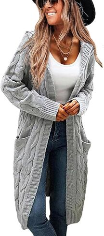 Women's Hooded Open Front Long Cardigan Cable Knit Sweaters Side Pocket Oversized Chunky Cardigan Outwear Coat in Kuwait