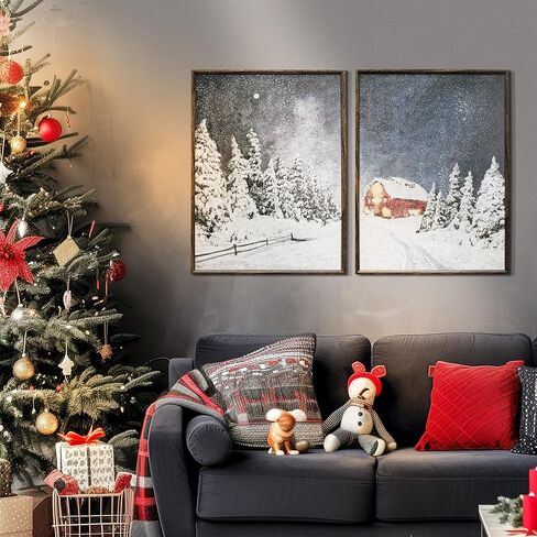 ArtbyHannah 12x16 Inch Christmas Canvas Wall Art, 2 Pack Framed Christmas Wall Decor, Winter Wall Art with Wall Christmas Tree Snowy Forest Scene, Winter Wall Decor for Christmas Wall Decoration in Saudi Arabia