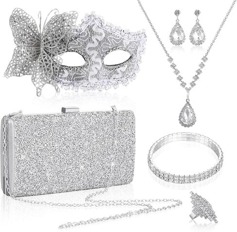 5 قطع قناع تنكر للنساء، مجموعة مجوهرات كريستال حجر الراين بريق حقيبة المحافظ وأقنعة الدانتيل المسائية وقلادة بلينغ وأقراط وأساور وخاتم لحفلات الهالوين وحفلات الزفاف in Kuwait