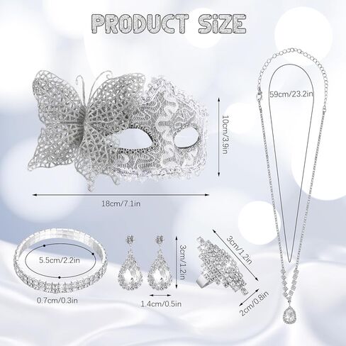 5 قطع قناع تنكر للنساء، مجموعة مجوهرات كريستال حجر الراين بريق حقيبة المحافظ وأقنعة الدانتيل المسائية وقلادة بلينغ وأقراط وأساور وخاتم لحفلات الهالوين وحفلات الزفاف in Kuwait