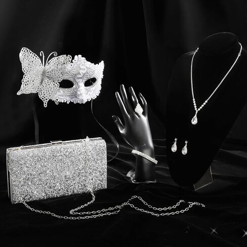 5 قطع قناع تنكر للنساء، مجموعة مجوهرات كريستال حجر الراين بريق حقيبة المحافظ وأقنعة الدانتيل المسائية وقلادة بلينغ وأقراط وأساور وخاتم لحفلات الهالوين وحفلات الزفاف in Kuwait