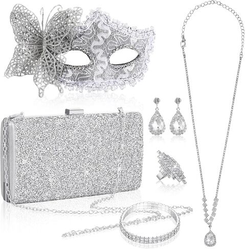 5 قطع قناع تنكر للنساء، مجموعة مجوهرات كريستال حجر الراين بريق حقيبة المحافظ وأقنعة الدانتيل المسائية وقلادة بلينغ وأقراط وأساور وخاتم لحفلات الهالوين وحفلات الزفاف in Kuwait
