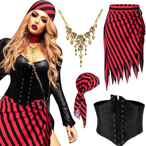 JeVenis Vintage Pirate Costume Accessories Set Pirate Headband Wrap Skull Necklace Waist Belt Halloween Captain Pirate Costume Carnival Music Festival Outfit in Saudi Arabia