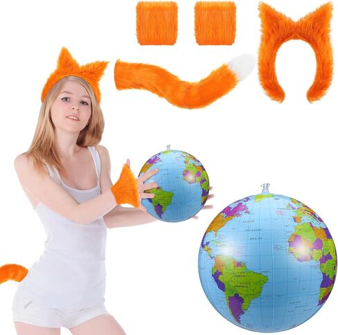 5 Pcs Fox Costume Accessories for Women Fox Ears and Tail Gloves Set with Inflatable World Globe Cute Orange Fox Costume for Halloween Fancy Dress Party Supplies in Saudi Arabia