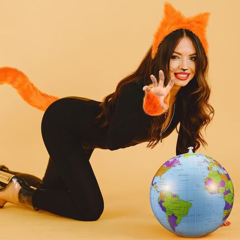 5 Pcs Fox Costume Accessories for Women Fox Ears and Tail Gloves Set with Inflatable World Globe Cute Orange Fox Costume for Halloween Fancy Dress Party Supplies in Saudi Arabia
