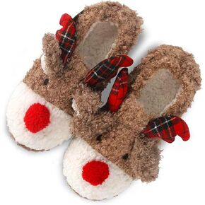 Solaud Women's Christmas Slippers Handmade Cute Deer Plush Soft Warm Home Slippers