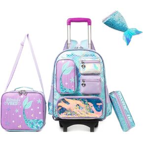 Rolling Backpack for Girls School Backpack with Wheels Kids Roller Backpack with Lunch Bag for Elementary School