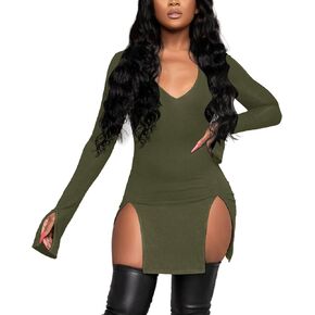 Rooscier Women's V Neck Long Sleeve Split Side Sexy Bodycon Cocktail Party Mini Dress