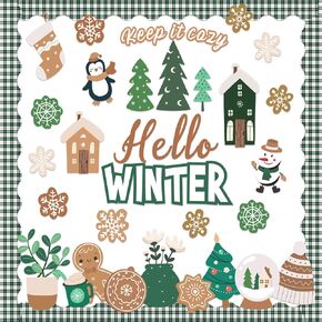 Pasimy Winter Bulletin Board Decorations Hello Winter Bulletin Board Cutouts Set Christmas Snowflake Snowman Penguin Cutouts Border for Holiday Party Decor(Let It Snow)
